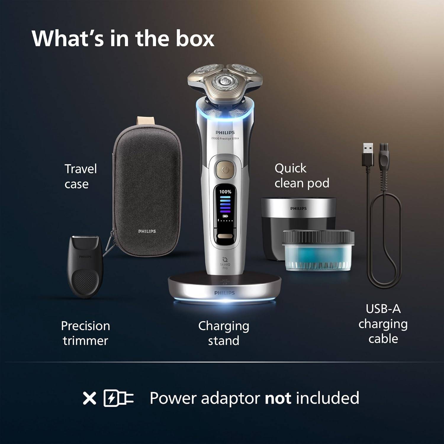 Philips i9000 Prestige Ultra Shaver XP9404/31 | Wet & dry | Ultimate close, comfortable shave | 5 modes | Quick clean system | Light-up charging stand | 60 min cordless | Travel case